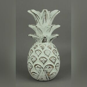 Weathered White Carved Wood Tropical Pineapple Decor Statue